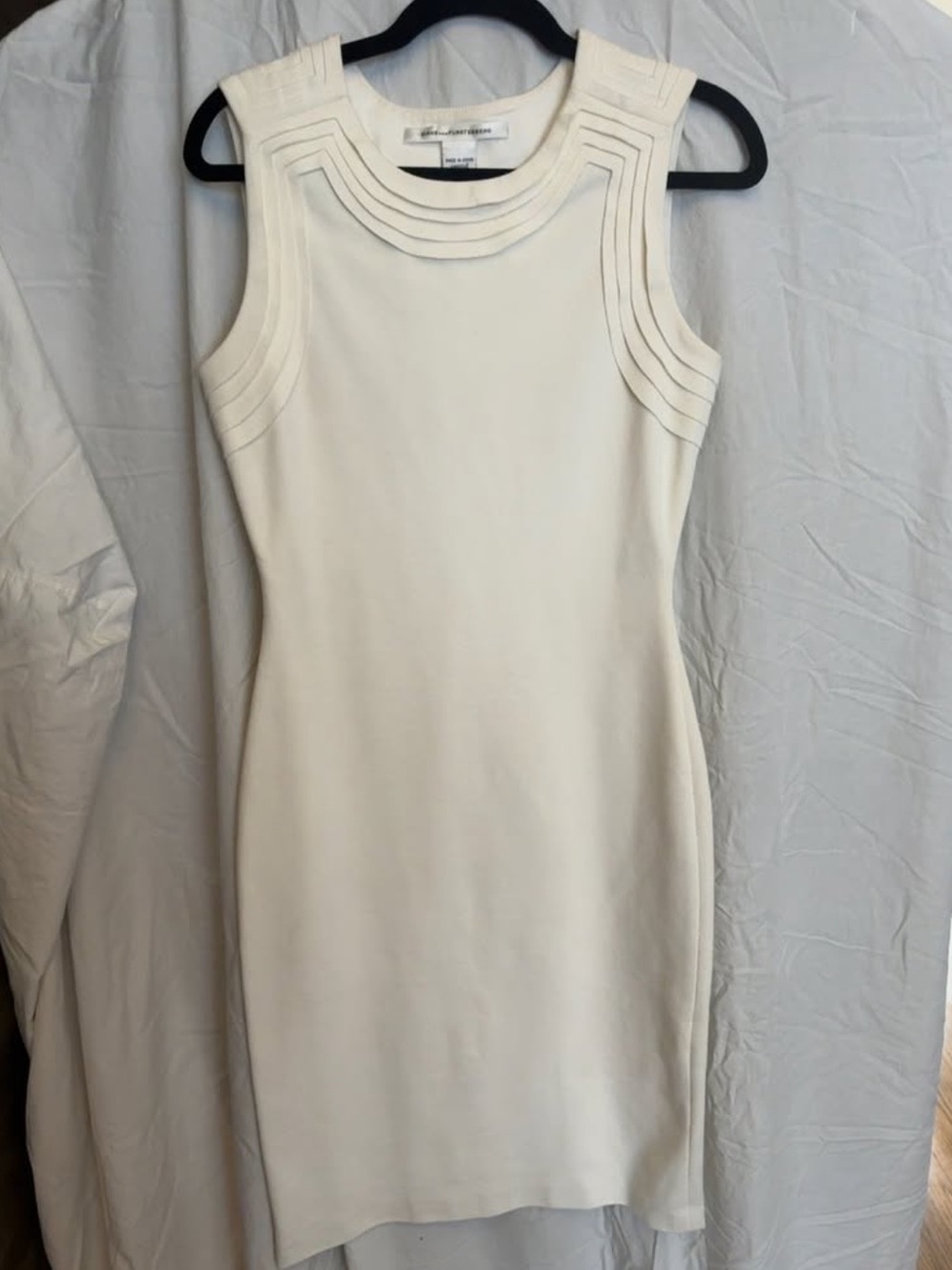 Diane Von Furstenberg Cream Sleeveless Midi Sheath Dress with Layered Trim